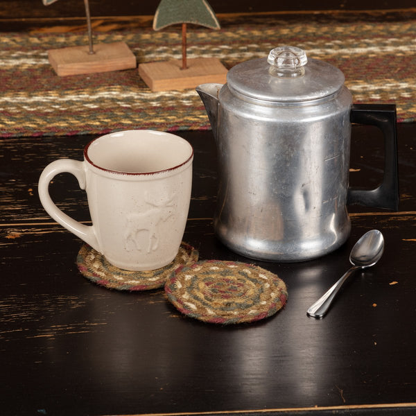 Tea Cabin Jute Coaster Set of 6,  Mossy green, rich burgundy and tea stain tan jute add a rustic element and a pop of color. Primitive Country Farmhouse Kitchen Table Dining Home Decor.