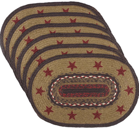 Landon Jute Placemat Stencil Stars Set of 6 12x18,  variations of chestnut, almond, chili pepper, and creme jute braids with stenciled chili pepper 5 point stars around outside border. Primitive Country Farmhouse Table Dining Kitchen Home Decor.