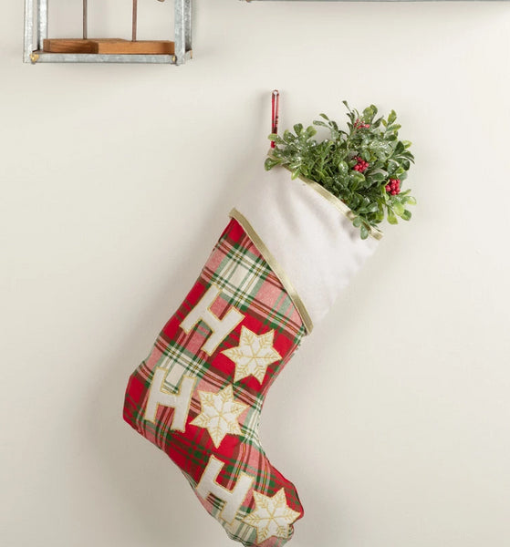 HO HO Holiday Stocking 11x15, Cherry red, creme, and forest green plaid cotton fabric with appliqued "HO HO HO" in creme felt with gold rope detail. Primitive Country Farmhouse Christmas Holiday Home Decor.
