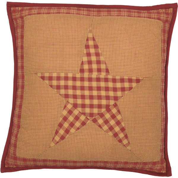 Ninepatch Star Quilted Pillow 16x16, Featuring a five point star appliqued over khaki and burgundy check with a double border. Primitive Country Farmhouse Bedding Home Decor.