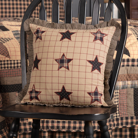 Bingham Star Pillow Fabric with Applique Stars 16 in.,  nine appliqued five point stars on a ground of tan and red windowpane fabric. Primitive Country Farmhouse Bedding Home Decor.