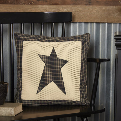 Kettle Grove Pillow Star 16x16, Applique primitive star on charcoal and creme ditsy star ground with black and tan plaid border. Primitive Country Farmhouse Bedding Home Decor.