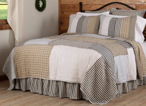 Ashmont California King Quilt 130Wx115L, mixes ticking stripes and plaids in a random patchwork layout featuring reverse seams, Warm Grey, Vintage White, Washed Blue. Primitive Country Farmhouse Bedding Home Decor.