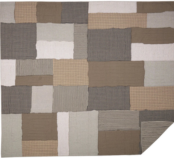 Ashmont California King Quilt 130Wx115L, mixes ticking stripes and plaids in a random patchwork layout featuring reverse seams, Warm Grey, Vintage White, Washed Blue. Primitive Country Farmhouse Bedding Home Decor.