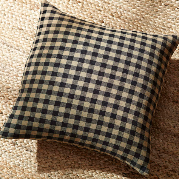 Black Check Pillow Fabric 16x16, Classic check pattern in black and khaki fabric, Primitive Country Farmhouse Bedding Home Decor.