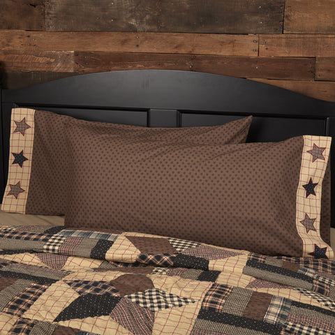 Bingham Star King Pillow Case Set of 2 21x40,  ditzy stars printed on a smooth chocolate background while the flap features our classic 5 point Bingham stars placed on a tan background with red window pane checks. Primitive Country Farmhouse Bedding Home Decor.