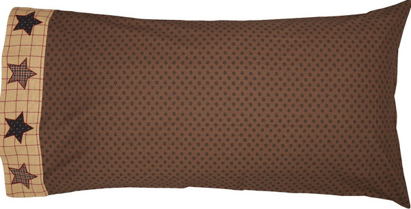 Bingham Star King Pillow Case Set of 2 21x40,  ditzy stars printed on a smooth chocolate background while the flap features our classic 5 point Bingham stars placed on a tan background with red window pane checks. Primitive Country Farmhouse Bedding Home Decor.