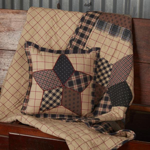 The Bingham Star Patch Pillow features a 5-point star separated into different patchwork pieces, outlined in a barn red. Background features windowpane plaid, finished with a plaid trim taken from the patchwork in the star. Primitive Country Farmhouse Bedding Home Decor.