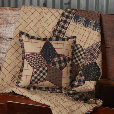 The Bingham Star Patch Pillow features a 5-point star separated into different patchwork pieces, outlined in a barn red. Background features windowpane plaid, finished with a plaid trim taken from the patchwork in the star. Primitive Country Farmhouse Bedding Home Decor.