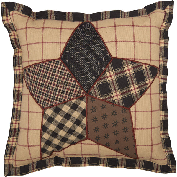 The Bingham Star Patch Pillow features a 5-point star separated into different patchwork pieces, outlined in a barn red. Background features windowpane plaid, finished with a plaid trim taken from the patchwork in the star. Primitive Country Farmhouse Bedding Home Decor.