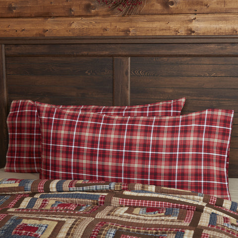 Braxton King Pillow Case Set of 2 21x40 soft, all cotton pleasure in traditional Americana shades of apple red, natural, and ebony plaid. Primitive Country Farmhouse Bedding Home Decor.