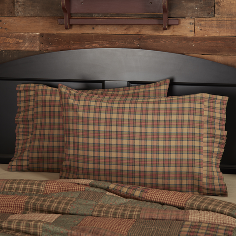Crosswoods Standard Pillow Case Set of 2 21x31, soft red and green effortlessly mingle among cool tones of blue, black, and tan. Primitive Country Farmhouse Bedding Home Decor.