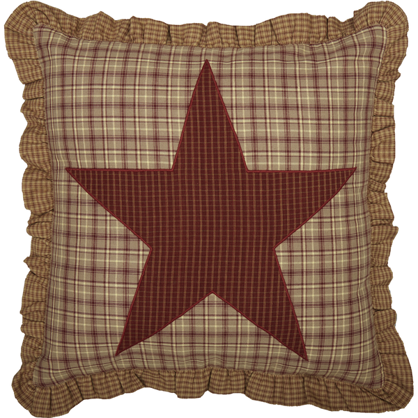 Dawson Star Applique Pillow 18x19, country star beautifully appliqued in the center surrounded by tan and red plaid and finished with brown and red plaid ruffled trim. Primitive Country Farmhouse Bedding Home Decor. 
