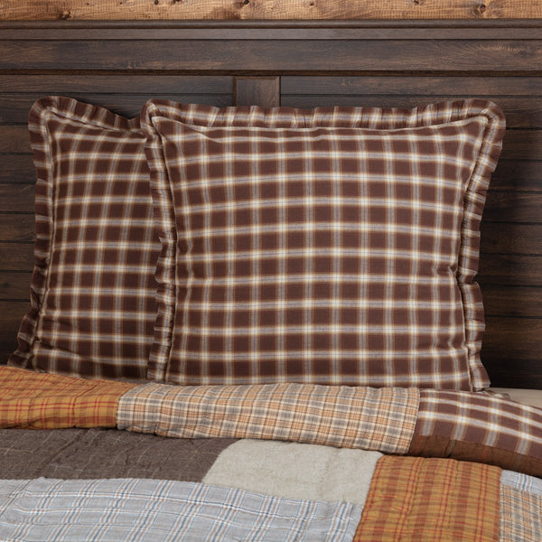 Rory Fabric Euro Sham 26x26, plaid fabric in white, tan, and brown. Primitive Country Farmhouse Bedding Home Decor.