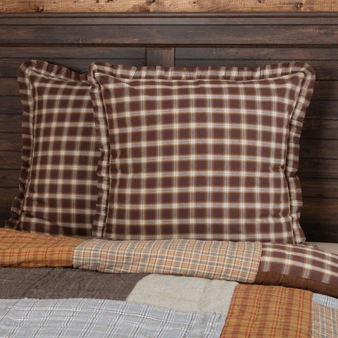 Rory Fabric Euro Sham 26x26, plaid fabric in white, tan, and brown. Primitive Country Farmhouse Bedding Home Decor.
