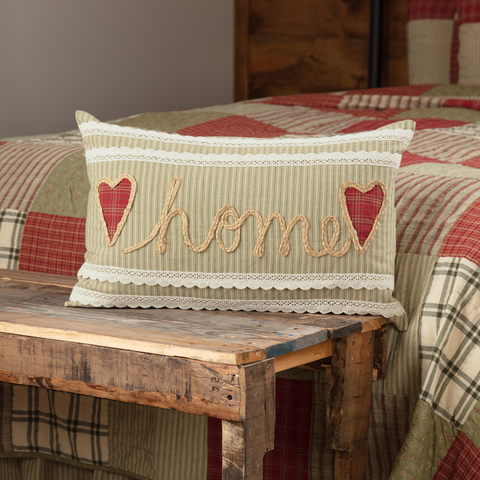 Prairie Winds Home Pillow 14x22, Sage and khaki striped base fabric with "home" embroidered in natural jute rope Appliqued hearts in brick red plaid outlined in natural jute rope, two rows of creme lace detail above and below text. Primitive Country Farmhouse Bedding Home Decor.