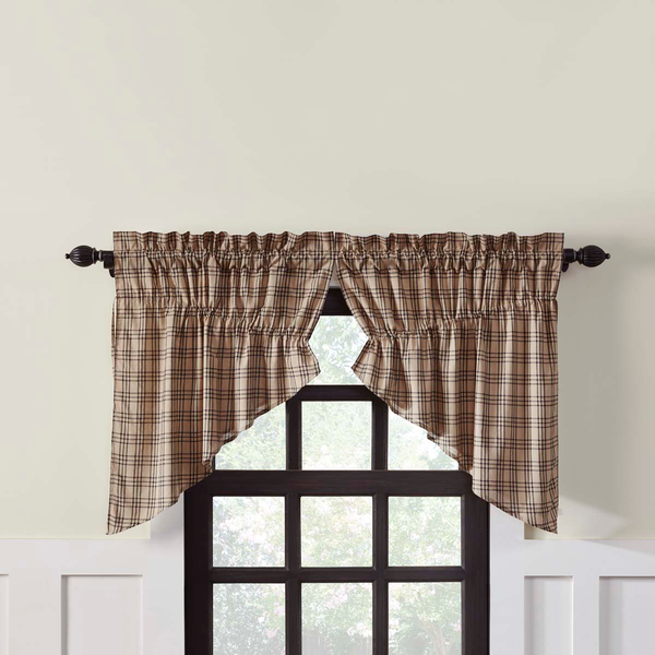 Sawyer Mill Charcoal Plaid Prairie Swag Set of 2 36x36x18, The base is a dark tan under a tasteful large scale black plaid., Primitive Country Farmhouse Window Treatments Curtains Home Decor.