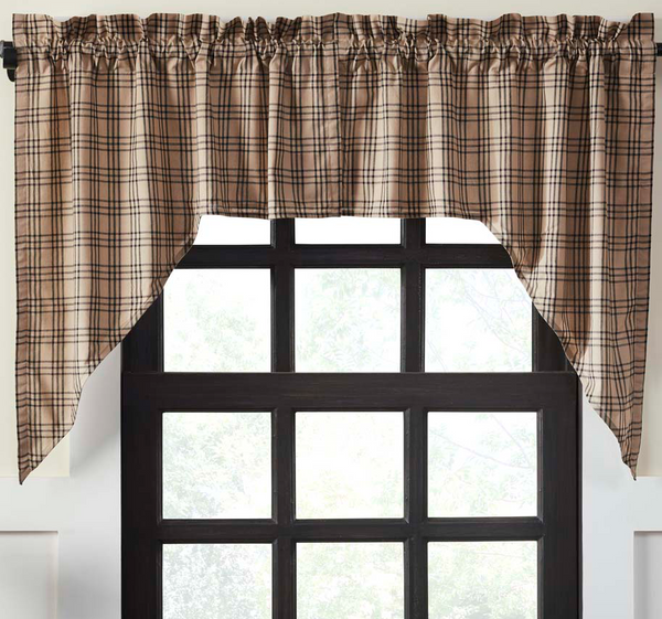 Bring a Farmhouse mood to your window with the Sawyer Mill Charcoal Swag Set. The base is a dark tan under a tasteful large scale black plaid. Primitive Country Farmhouse Window Treatments Curtains Home Decor.