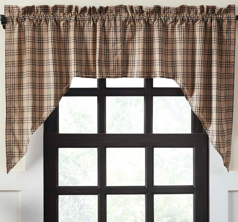 Bring a Farmhouse mood to your window with the Sawyer Mill Charcoal Swag Set. The base is a dark tan under a tasteful large scale black plaid. Primitive Country Farmhouse Window Treatments Curtains Home Decor.