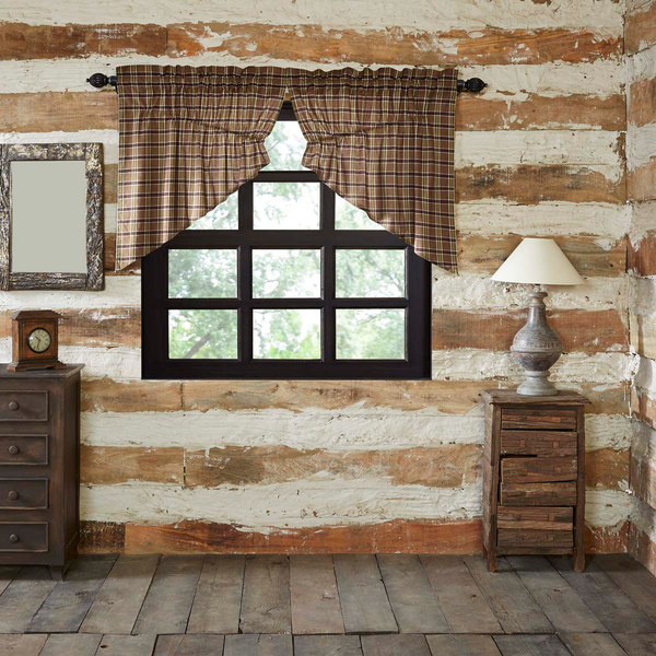 Wyatt Prairie Swag Set of 2 36x36x18, Khaki, crimson, black, and moss green plaid fabric. Primitive Country Farmhouse Window Treatments Curtains Home Decor.