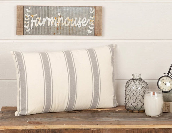 Grace Fabric Pillow 14x22, Repeating modern grey grainsack stripes on creme base fabric. Primitive Country Farmhouse Bedding Home Decor.