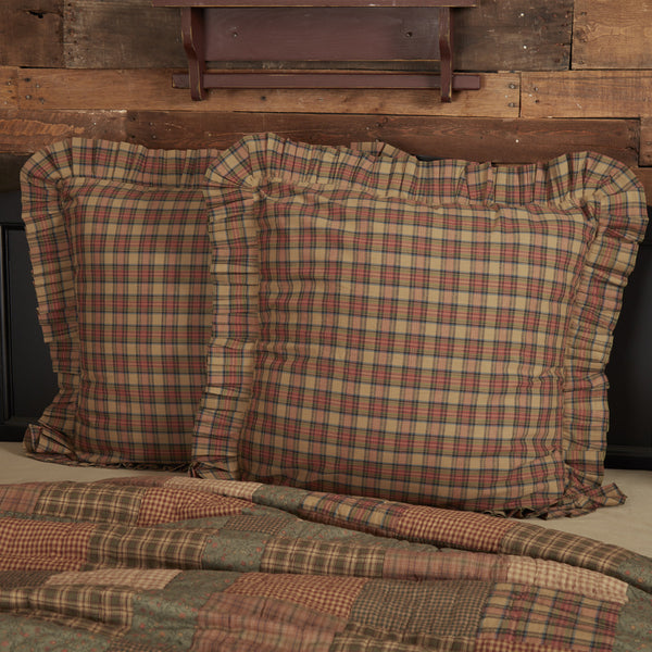 Crosswoods Fabric Euro Sham 26x26, Tan-based plaid fabric with accents of blue, green, and red with ruffle border. Primitive Country Farmhouse Bedding Home Decor.