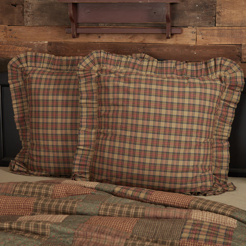 Crosswoods Fabric Euro Sham 26x26, Tan-based plaid fabric with accents of blue, green, and red with ruffle border. Primitive Country Farmhouse Bedding Home Decor.