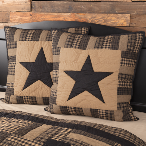  Black Check Star Quilted Euro Sham 26X26, Primitive Country Farmhouse Bedding