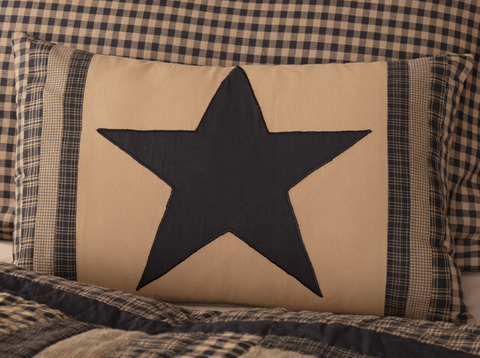 Black Check Star Patch Pillow 14X22, solid tan cotton fabric with large appliqued black 5-point star in center accented with check and plaid strips. Primitive Country Farmhouse Bedding Home Decor.