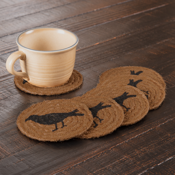 Heritage Farms Crow Jute Coaster Set of 6, Primitive Country Farmhouse Braided Table Kitchen Dining Decor.