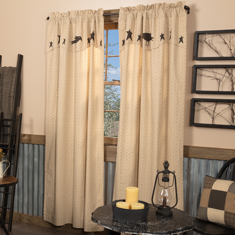 Kettle Grove Panel with Attached Crow and Star Valance Set of 2 84x40, Primitive Country Farmhouse Window Treatment Curtains