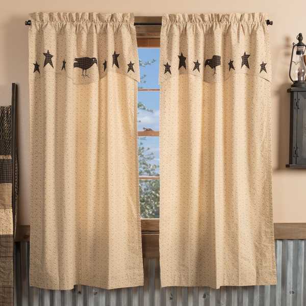 Kettle Grove Short Panel with Attached Crow and Star Valance Set of 2 63x36 Primitive Country Farmhouse Window Treatments Curtains