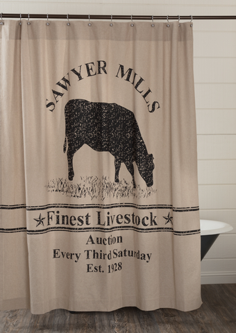 Sawyer Mill Charcoal Cow Shower Curtain 72x72, Primitive Country Farmhouse Bath Decor