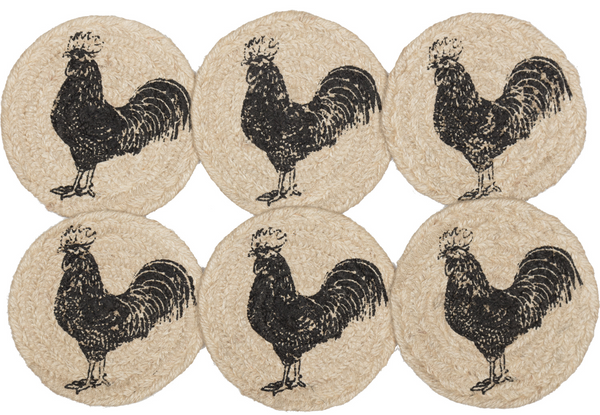 Sawyer Mill Charcoal Poultry Jute Coaster Set of 6, Primitive Country Farmhouse Table Decor, Chicken.