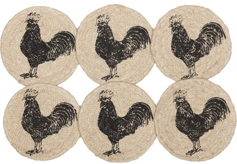 Sawyer Mill Charcoal Poultry Jute Coaster Set of 6, Primitive Country Farmhouse Table Decor, Chicken.