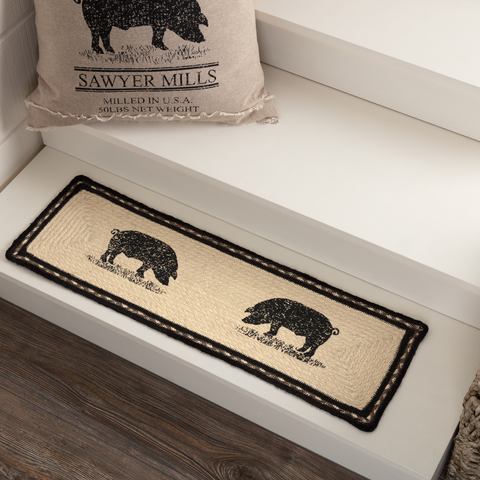 Sawyer Mill Charcoal Pig Jute Stair Tread Rect Latex 8.5x27, black, bleached, silver, and grey taupe braided border, pig stenciled on each end in distressed black, Primitive Country Farmhouse Braided Jute Rugs