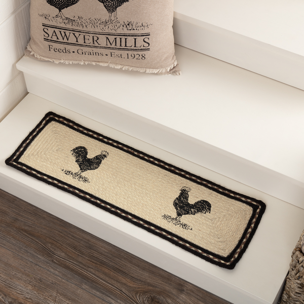 Sawyer Mill Charcoal Poultry Jute Stair Tread Rect Latex 8.5x27, black, bleached, silver, and grey taupe braided border, rooster stenciled on each end in distressed black, Primitive Country Farmhouse Braided Jute Rugs