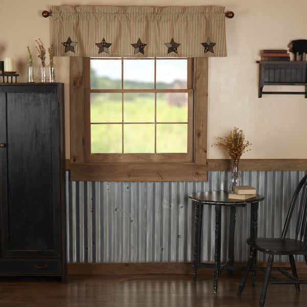 Farmhouse Star Applique Valance 16x60, features large 5 point stars in black/khaki check patches of multi-sized checks and plaid. Primitive Country Farmhouse Window Treatments Curtains Home Decor.