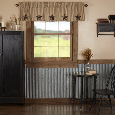 Farmhouse Star Applique Valance 16x60, features large 5 point stars in black/khaki check patches of multi-sized checks and plaid. Primitive Country Farmhouse Window Treatments Curtains Home Decor.