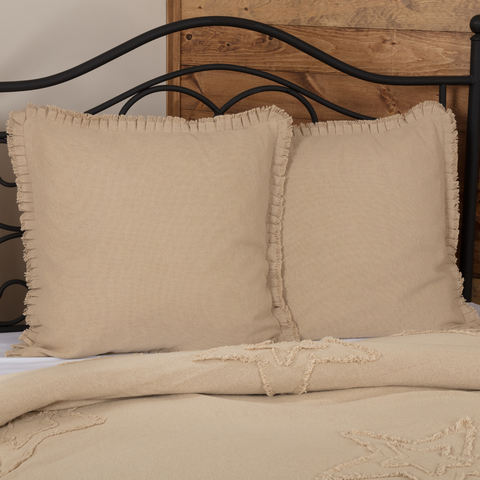 Burlap Vintage Fabric Euro Sham with Fringed Ruffle 26x26, Primitive Country Farmhouse Bedding