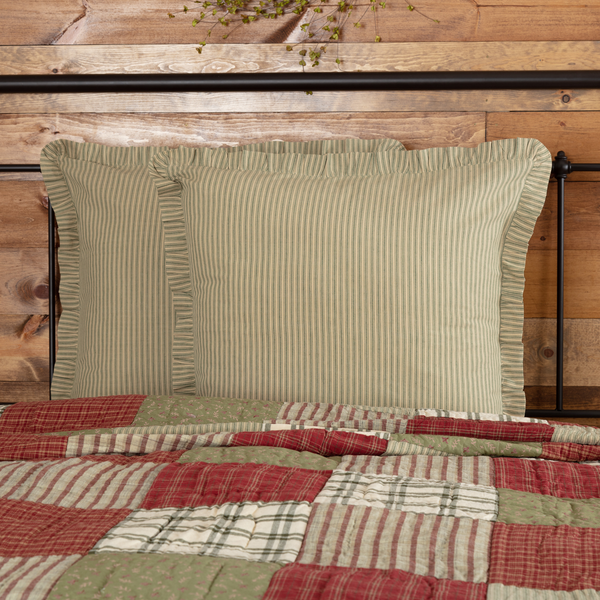 Prairie Winds Green Ticking Stripe Euro Sham 26x26, Muted bronze green stripes on a pale khaki background, Primitive Country Farmhouse Bedding Home Decor.