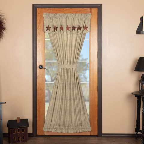 Abilene Star Door Panel with Attached Valance 72x42, feature a dark crème color with a dark gray slub weave which gives a variation in the color and texture. Top is trimmed with appliqued stars., Primitive Country Farmhouse Window Treatments Curtains Home Decor.