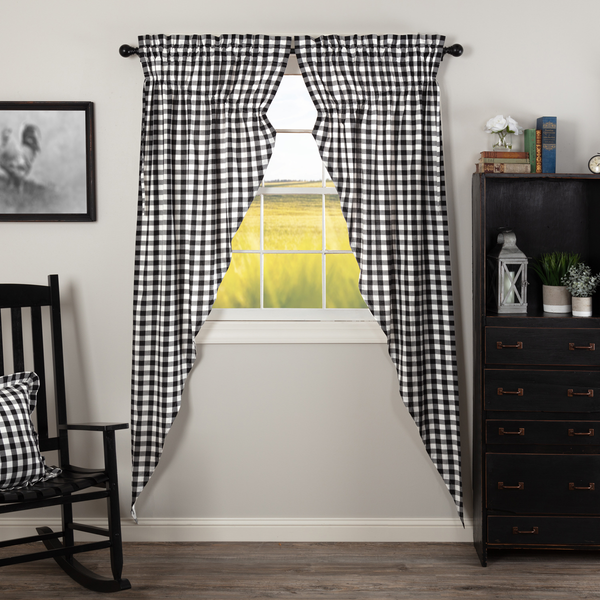 Annie Buffalo Black Check Prairie Long Panel Set of 2 84x36x18,  large scale black and white checks, Primitive Country Farmhouse Window Treatments Curtains Home Decor.