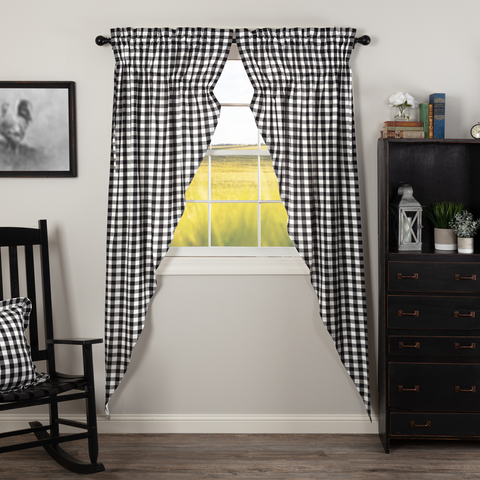 Annie Buffalo Black Check Prairie Long Panel Set of 2 84x36x18,  large scale black and white checks, Primitive Country Farmhouse Window Treatments Curtains Home Decor.