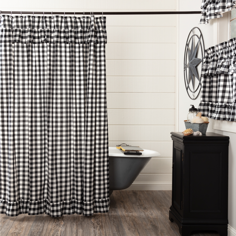 Annie Buffalo Black Check Ruffled Shower Curtain 72x72 gorgeously adds a rustic romance feel to your modern farmhouse bathroom.  Features black and white buffalo checks with ruffles along the top and bottom. Primitive Country Farmhouse Bathroom Home Decor.
