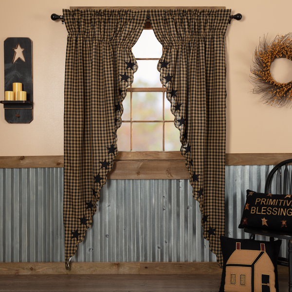 Black Star Scalloped Prairie Long Panel Set of 2 84x36x18, classic check pattern in black and khaki and 5-point stars appliqued in solid black fabric along the inner edge., Primitive Country Farmhouse Window Treatments Curtains Home Decor.