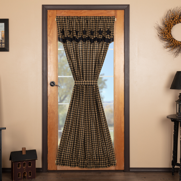 Black Star Door Panel with Attached Scalloped Layered Valance 72x42, classic check pattern in black and khaki and 5-point stars appliqued in solid black fabric along the bottom of the attached layered valance., Primitive Country Farmhouse Window Treatments Curtains Home Decor.