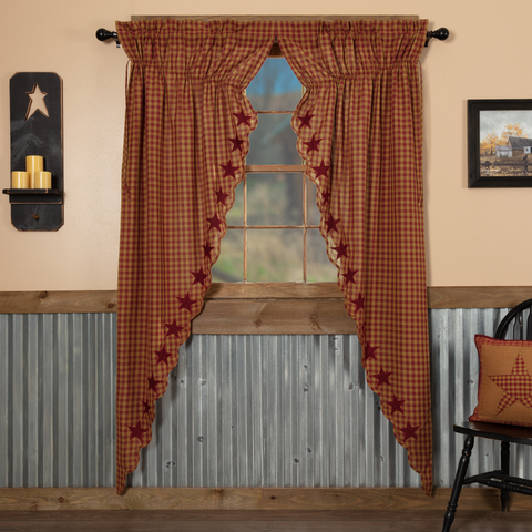 Burgundy Star Scalloped Prairie Long Panel Set of 2 84x36x18 feature a small scale burgundy and khaki check design, a scalloped edge, and drawstring tie adjustment.  Primitive Country Farmhouse Window Treatments Curtains Home Decor.