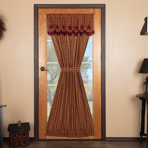 Burgundy Star Door Panel with Attached Scalloped Layered Valance 72x42, Burgundy and tan checks are blended with faded texture, Primitive Country Farmhouse Window Treatments Curtains Home Decor.