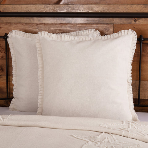 Burlap Antique White Fabric Euro Sham w/ Fringed Ruffle 26x26, fringed ruffle edges and soft cotton burlap. Primitive Country Farmhouse Bedding Home Decor.